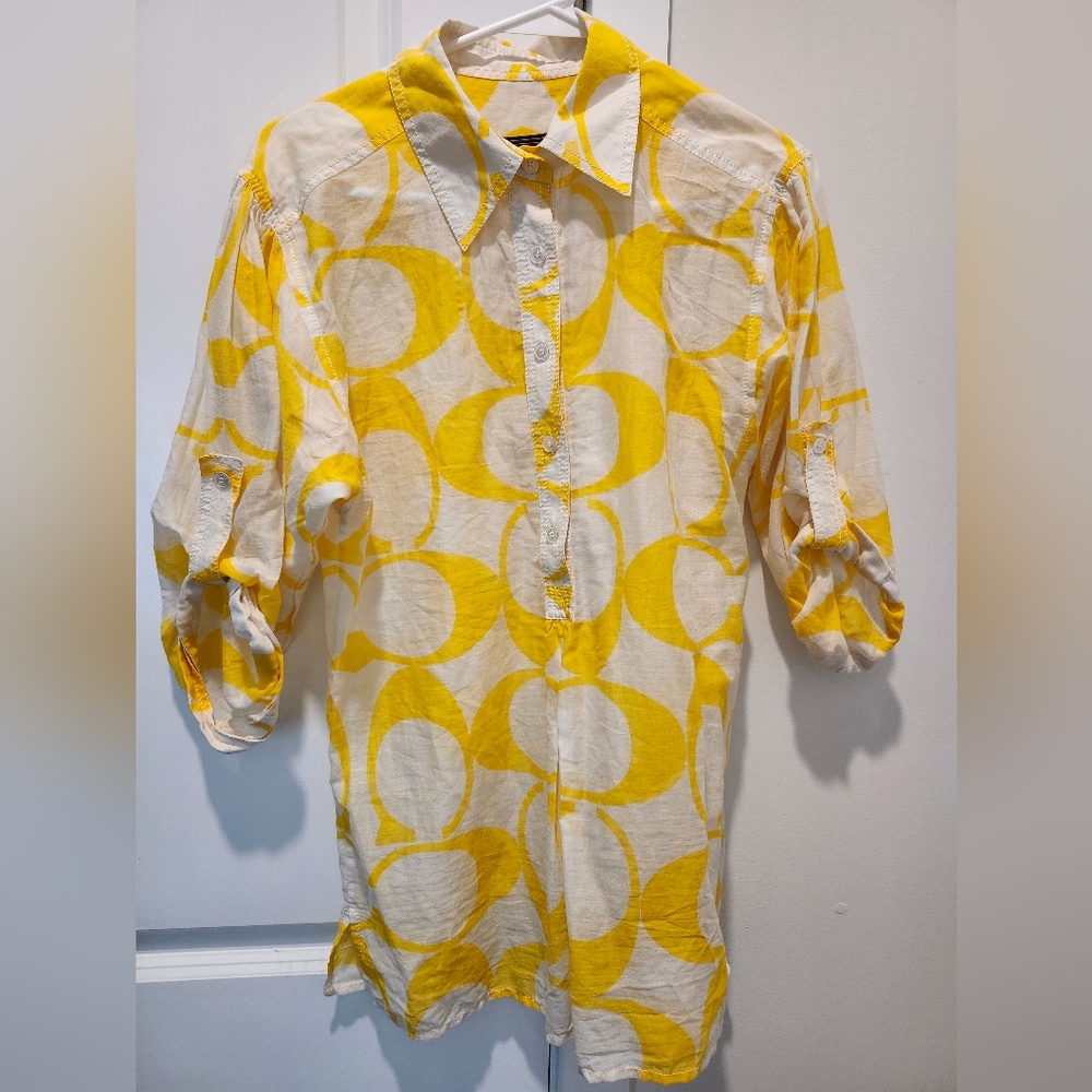 Vintage Coach White and Yellow C Print Button Down Shirt